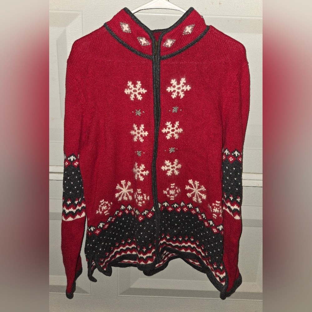 Guide Series Women’s  Zip Front MED Snowflake Cardigan White/Red